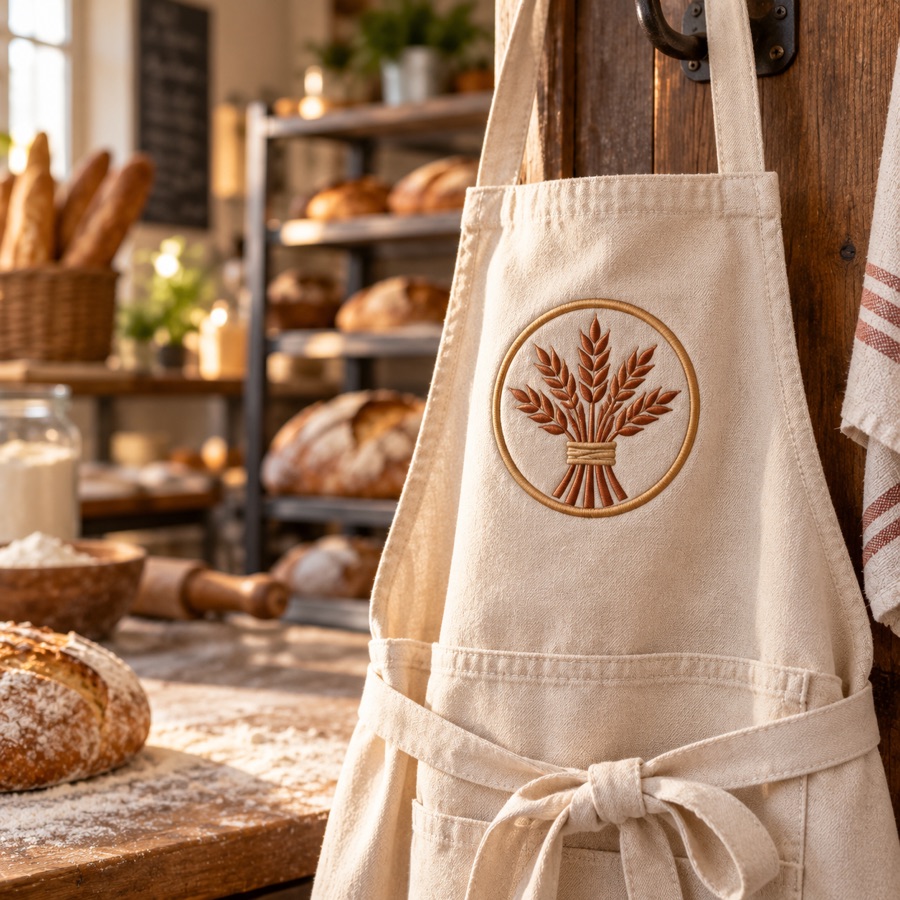 Cream canvas apron with a wheat-sheaf emblem embroidered in rust and gold for a bakery