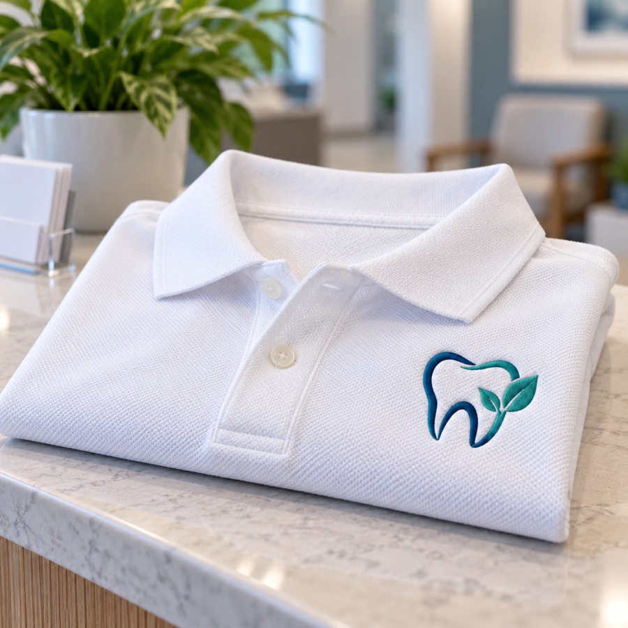 White polo with a small tooth-and-leaf emblem embroidered in teal for a dental practice