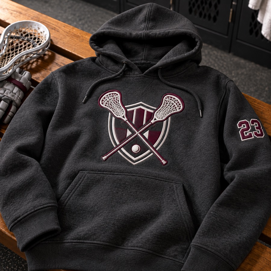 Charcoal hoodie with a large crossed-sticks crest embroidered in maroon and white for a lacrosse club