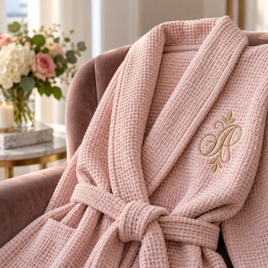 Blush waffle robe with a script monogram embroidered in champagne thread for a wedding party
